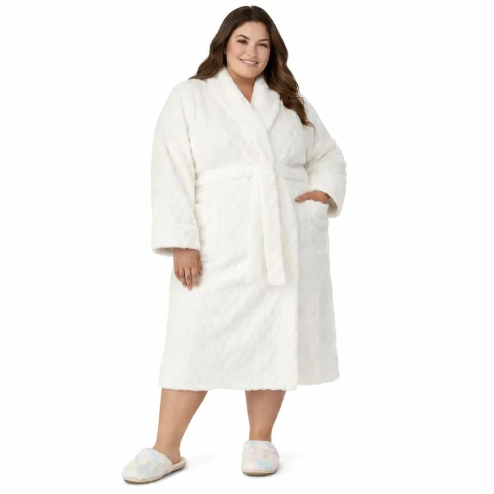 Room Service Womens Robe 2X Full Length Plush Ivory Cozy Lounge Cuffs Cable NEW